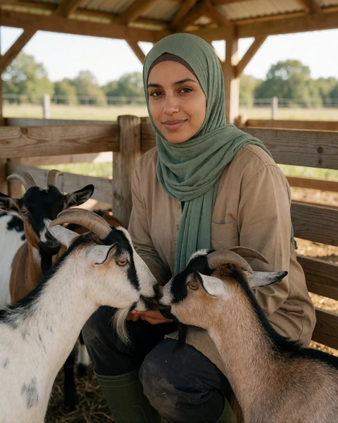 Muslim woman in a hijab feeding goats on a rural farm for faith-based farmers dating