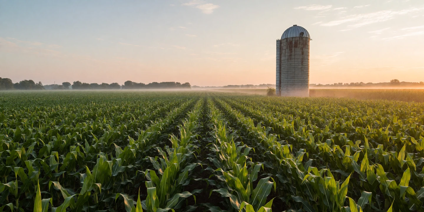 Flat Ohio cornfield at sunrise with a tall grain silo in the distance under a warm golden sky