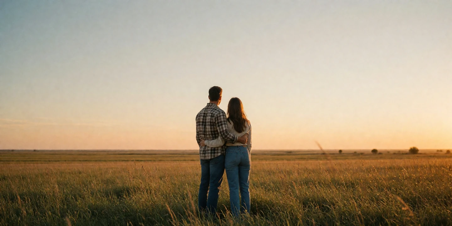 Adult man and woman couple watching a golden sunset over flat Nebraska Great Plains grasslands