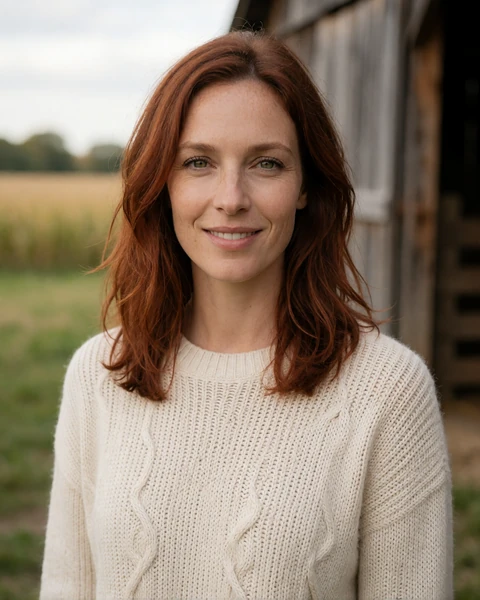 Adult woman team member with auburn hair smiling near a wooden barn