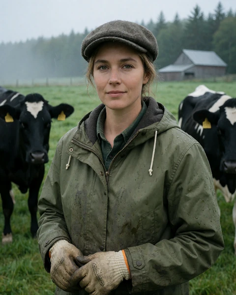 Adult woman in an olive rain jacket near dairy cows in a green Maine pasture