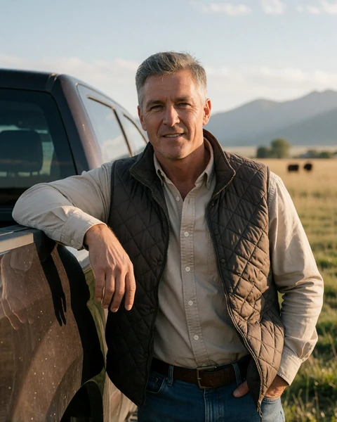 Adult man ranch owner leaning against a pickup truck with Montana pasture and mountains behind