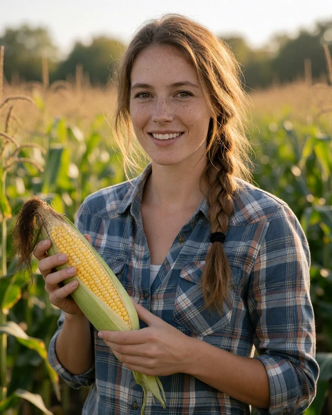 Adult woman farmer with freckles holding a fresh ear of corn on an Illinois farm