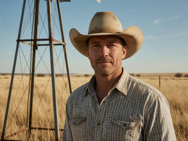 Adult man in a cowboy hat and work shirt standing beside a metal windmill on a Texas ranch