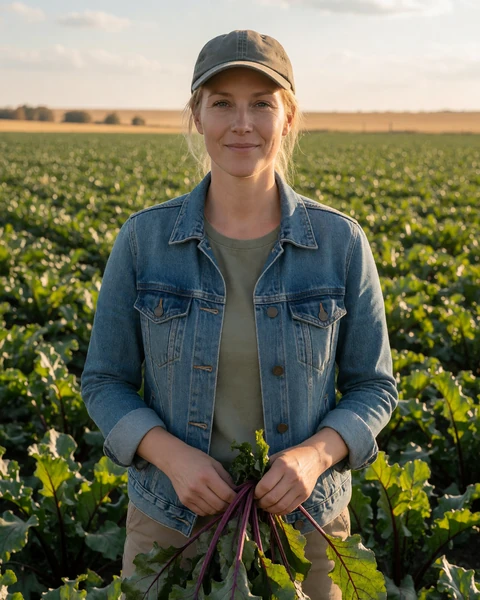 Adult woman sugar beet farmer with blonde hair smiling in a green field in the Red River Valley