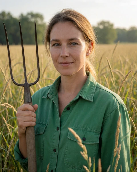 Adult woman holding a pitchfork in a sunlit Indiana hay field