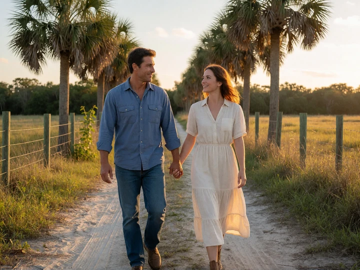 Adult farm couple walking hand in hand on a sandy rural Florida path at sunset