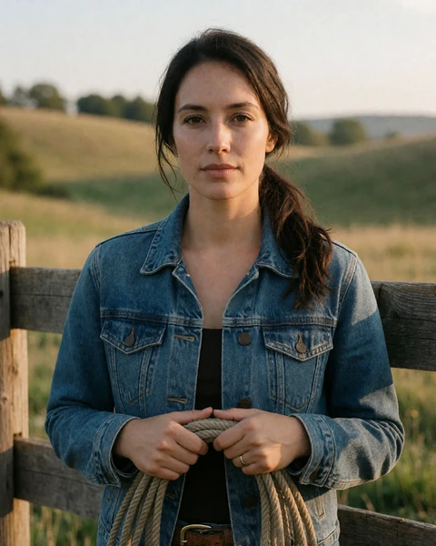 Adult woman rancher in a denim jacket holding a rope by a wooden fence in the Ohio hills