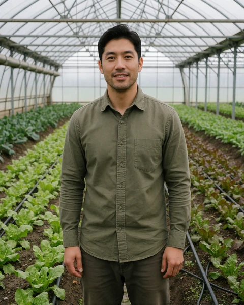 Asian man farmer standing in a commercial greenhouse for Asian farmers dating
