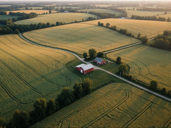 Aerial view of rolling American farmland with green and golden fields and a small red barn