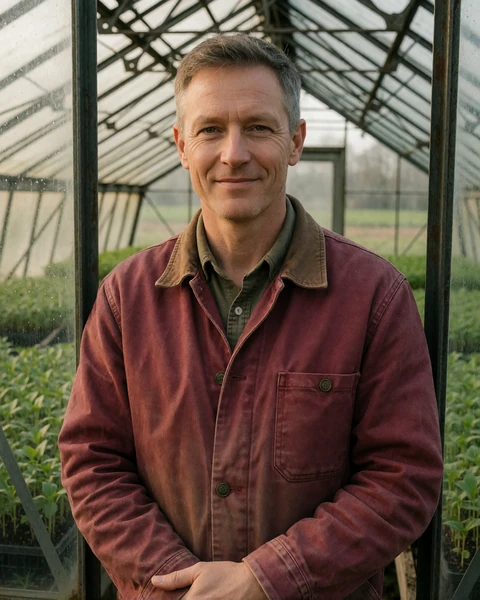 Adult man in a plain green cap standing near a tractor for a Missouri farmers dating profile