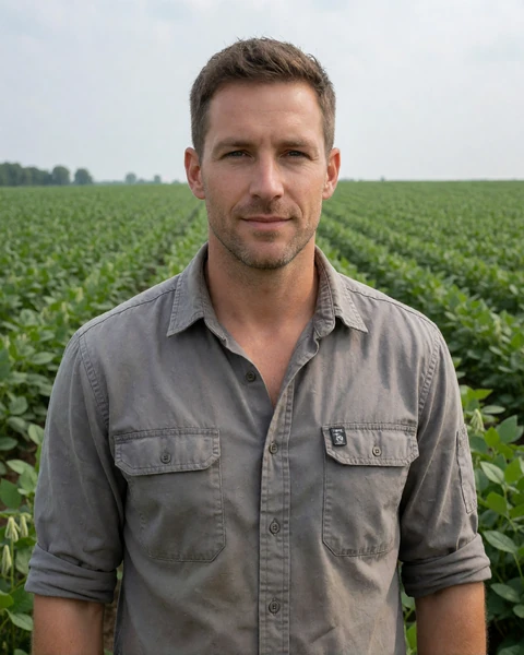 Adult man in a gray work shirt standing in a green Iowa soybean field
