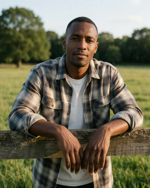 Adult Black man farmer leaning on a wooden fence in a pasture