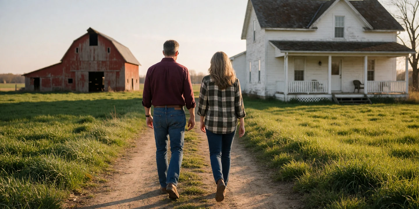 Adult couple walking together toward a white farmhouse across green fields at golden hour
