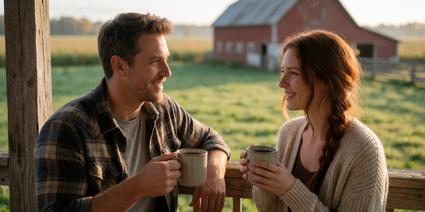 Adult couple sharing morning coffee on a farmhouse porch overlooking green farmland