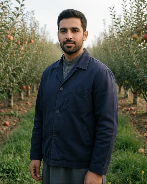 Muslim man farmer standing in an apple orchard for Muslim farmers dating profiles
