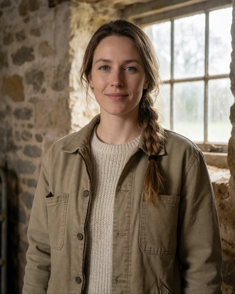 Adult woman dairy farmer of European descent smiling inside a stone barn