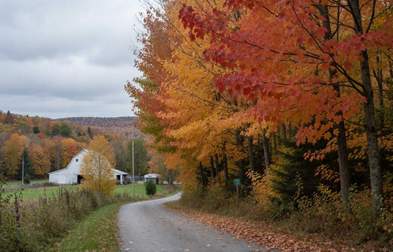 New Hampshire autumn forest and rural farm lane near Northern New England countryside