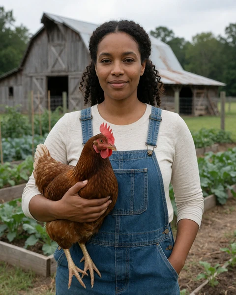 Adult woman in denim overalls holding a chicken near an Alabama barn and garden