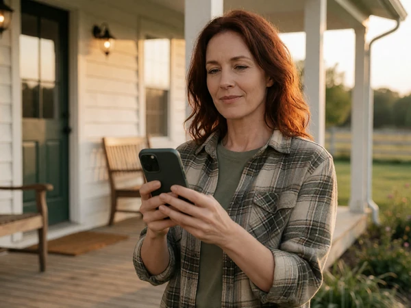 Adult woman in a flannel shirt checking a verified dating profile on her phone near a farmhouse