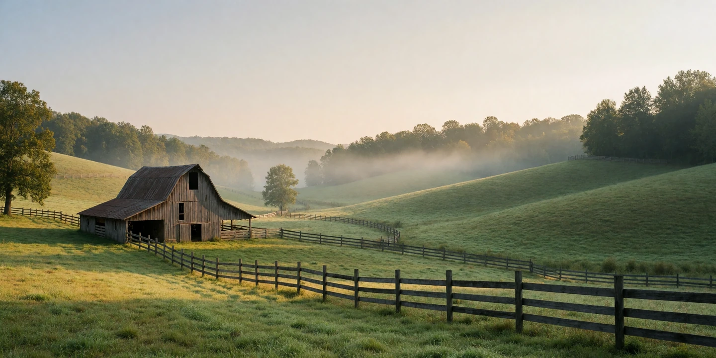 Rolling green Tennessee hills with a wooden barn and split-rail fence in soft morning light