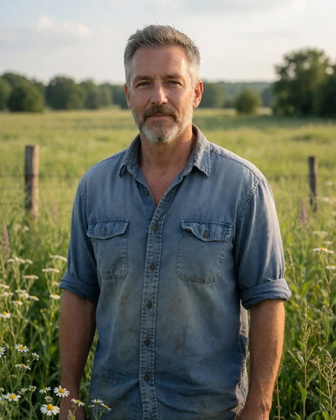 Adult man in a faded blue work shirt standing in a green Wisconsin pasture with wildflowers