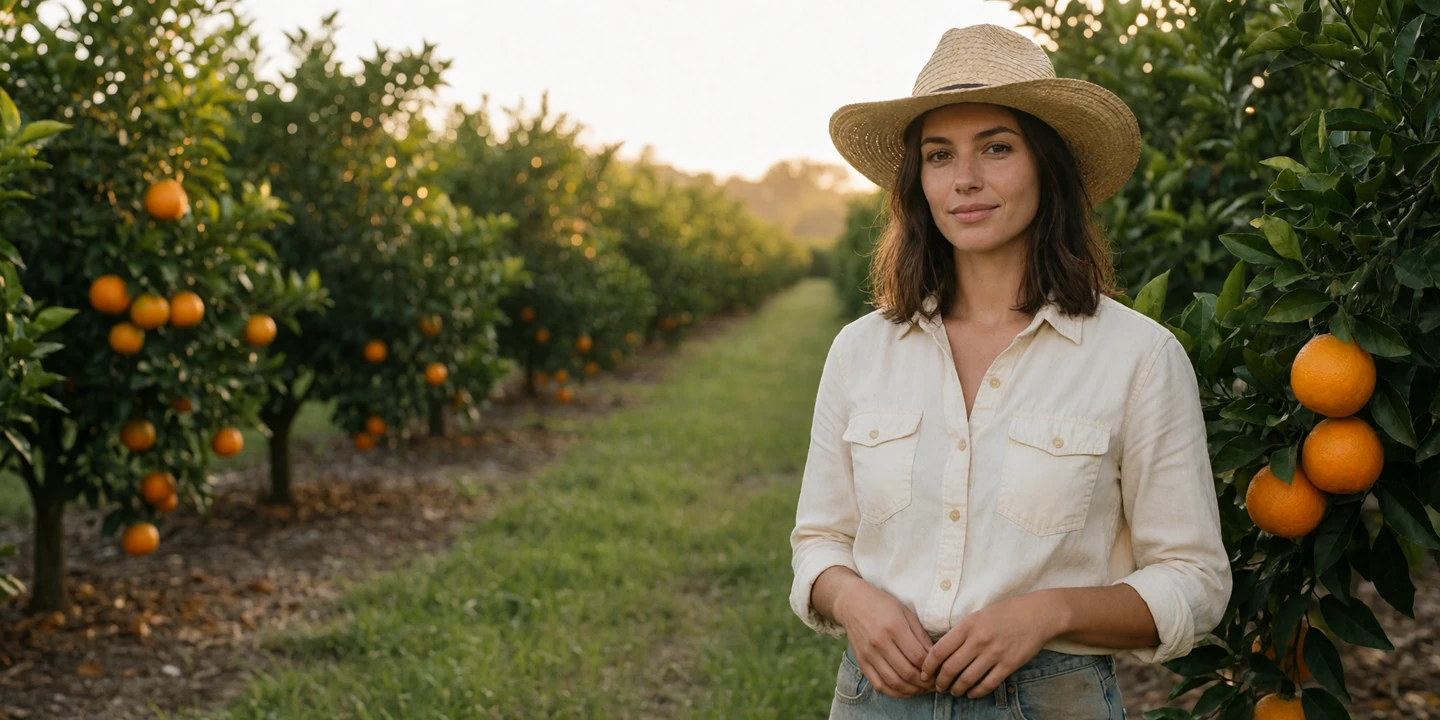 Adult woman farmer in a straw hat standing in a Florida citrus grove for farmers dating