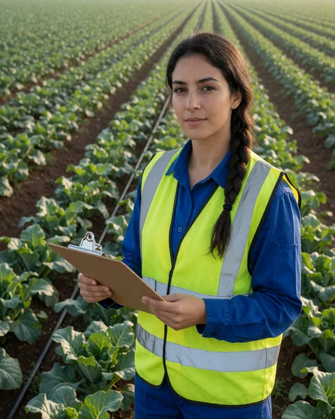 Woman agronomist in a high visibility vest inspecting crops for industrial farmers dating