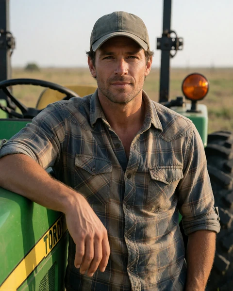 Adult man farmer leaning against a tractor on a Texas ranch