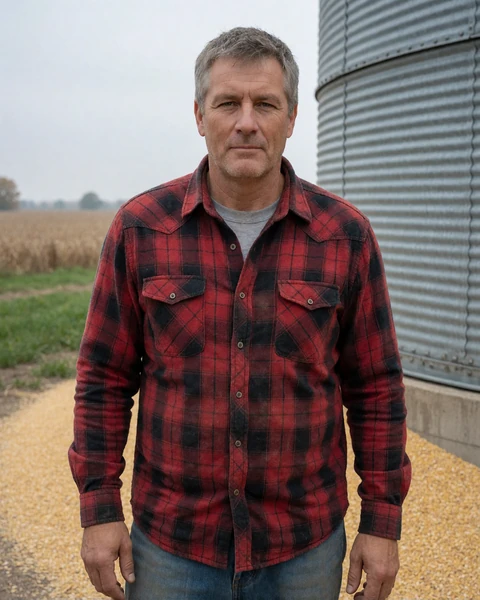 Adult man agricultural worker in a flannel shirt standing near a grain bin in Illinois