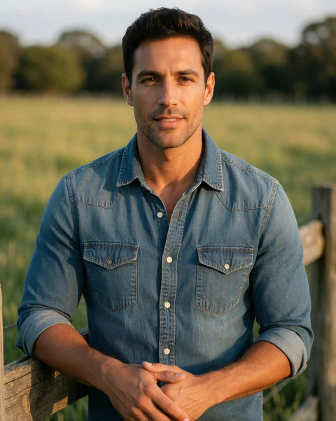 Adult man team member in a denim shirt smiling beside a wooden fence by a pasture