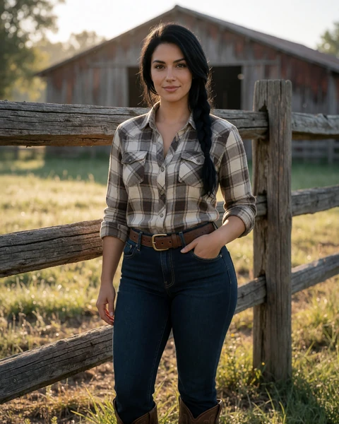 Adult woman in boots and denim standing by a pasture fence for country dating