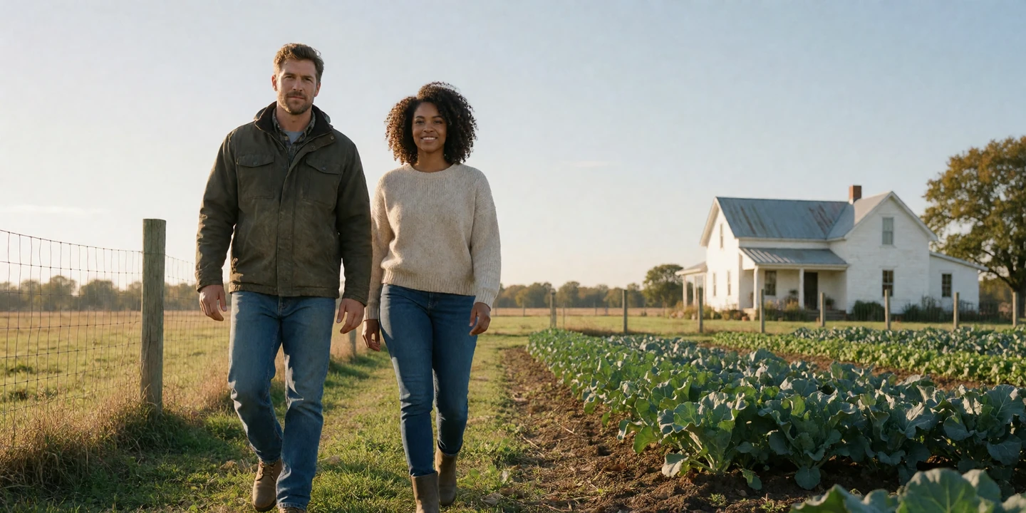 Adult farm couple walking toward a farmhouse, showing life on a farm and relationships