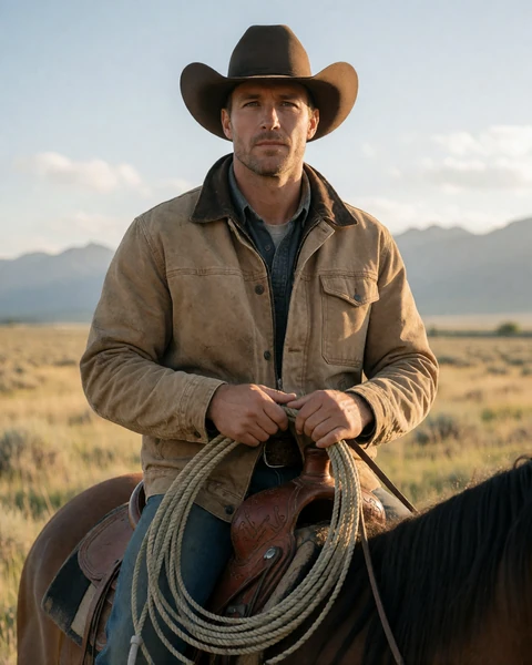 Adult man rancher on horseback holding a lasso in open Montana grassland with mountains behind