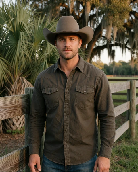 Adult man rancher in a cowboy hat near a cattle fence in Central Florida farmers dating scene