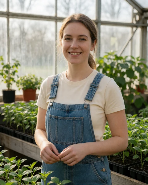 Adult woman farmer in denim overalls smiling inside a bright greenhouse full of green seedlings