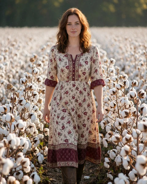 Adult woman in a floral dress walking through an Alabama cotton field for a country dating profile