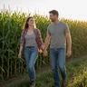 Adult couple walking through a cornfield at golden hour in Missouri