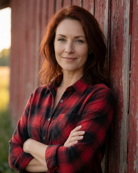 Adult woman in a red plaid shirt standing beside a weathered red Wisconsin barn