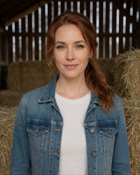 Adult woman farmer standing inside a barn with hay bales in Iowa