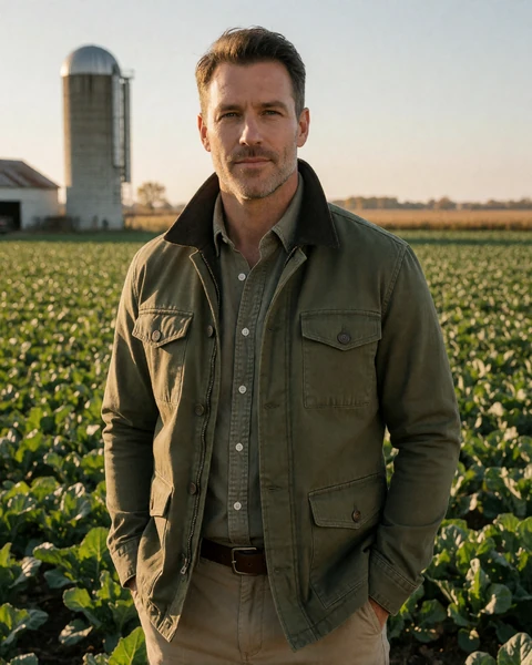 Adult man large-scale farm owner in a tailored olive jacket standing on his farmland