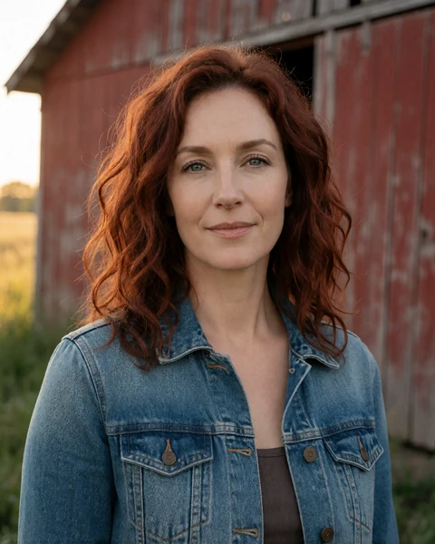 Adult woman in a denim jacket smiling in front of a red barn in rural Nebraska