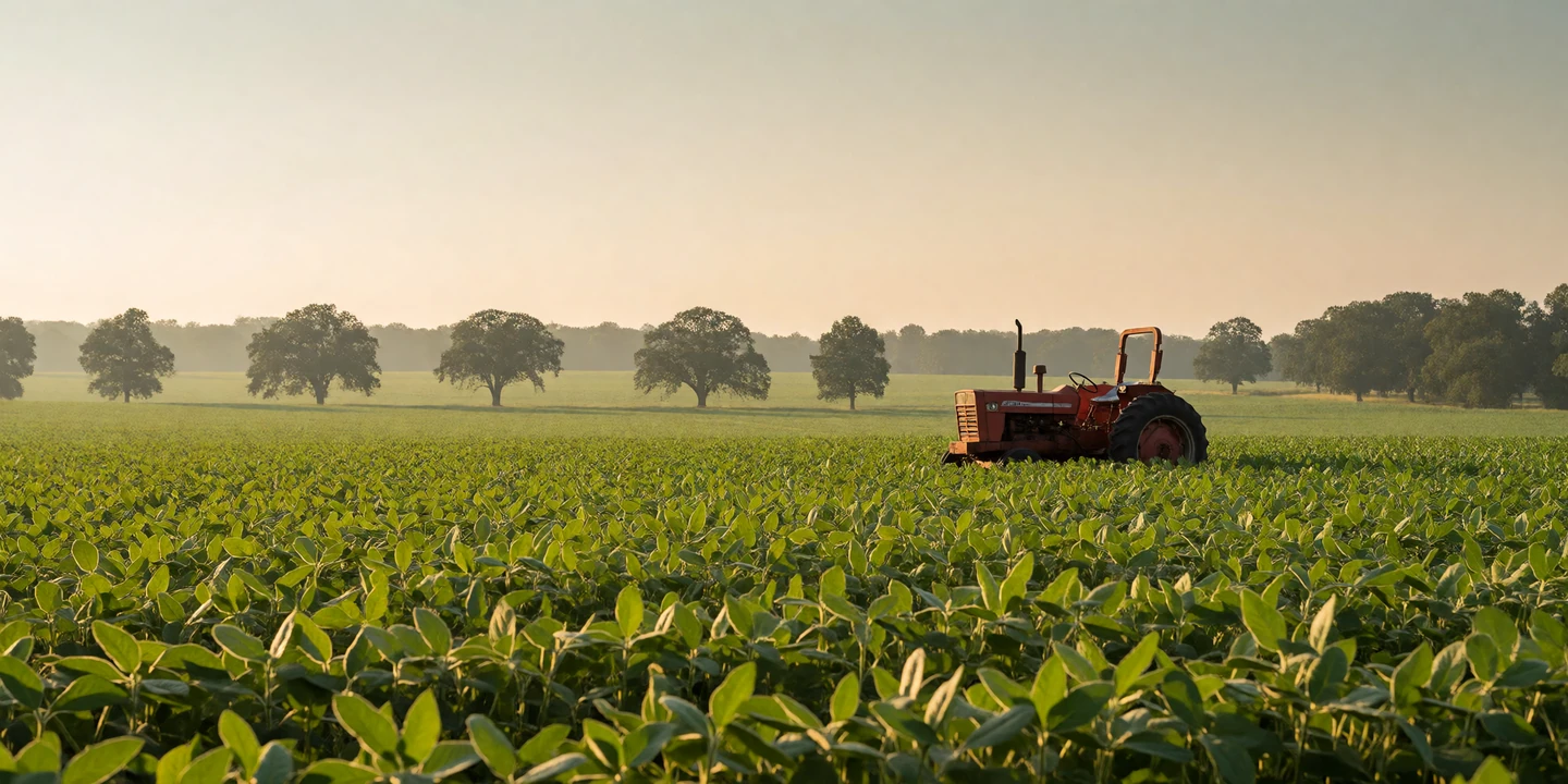 North Carolina soybean field with a red tractor in the distance under late afternoon golden light