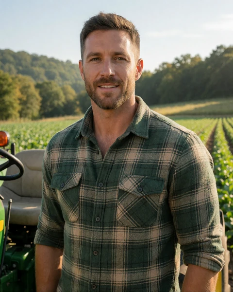 Adult man farmer in a plaid flannel shirt standing beside a green tractor in an Arkansas field