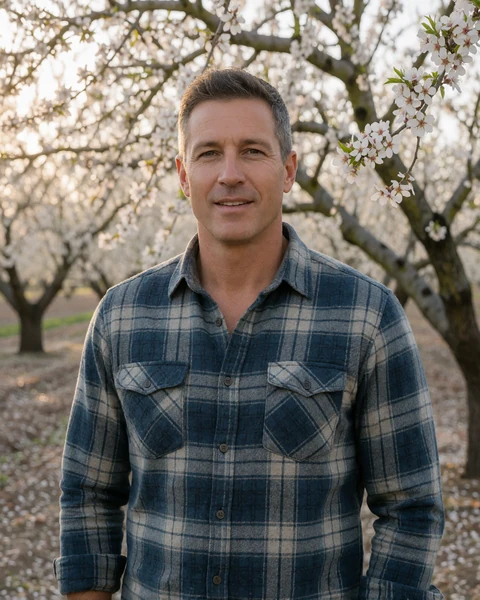 Adult man almond farmer in a plaid flannel shirt standing in a blossoming California orchard