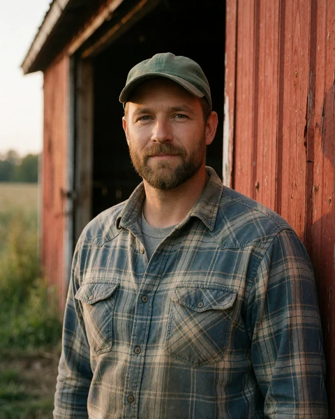 Adult man farmer with a beard and green cap standing by a red barn door on an Ohio farm