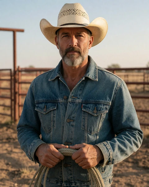 Adult man in a straw cowboy hat holding a coiled lasso in a West Texas corral