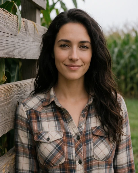 Adult woman smiling near a wooden corn crib on an Indiana family farm