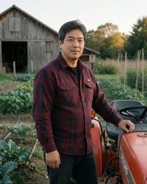 Asian man farmer standing beside a small tractor on a diversified family farm