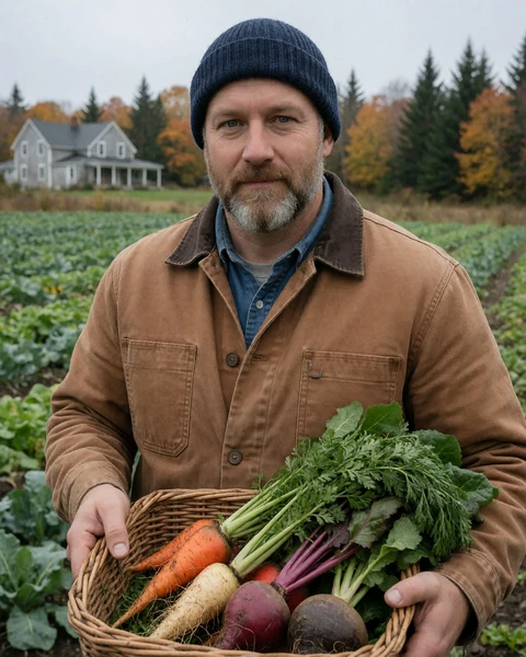 Adult man in a beanie holding fresh produce beside a rural Maine vegetable field